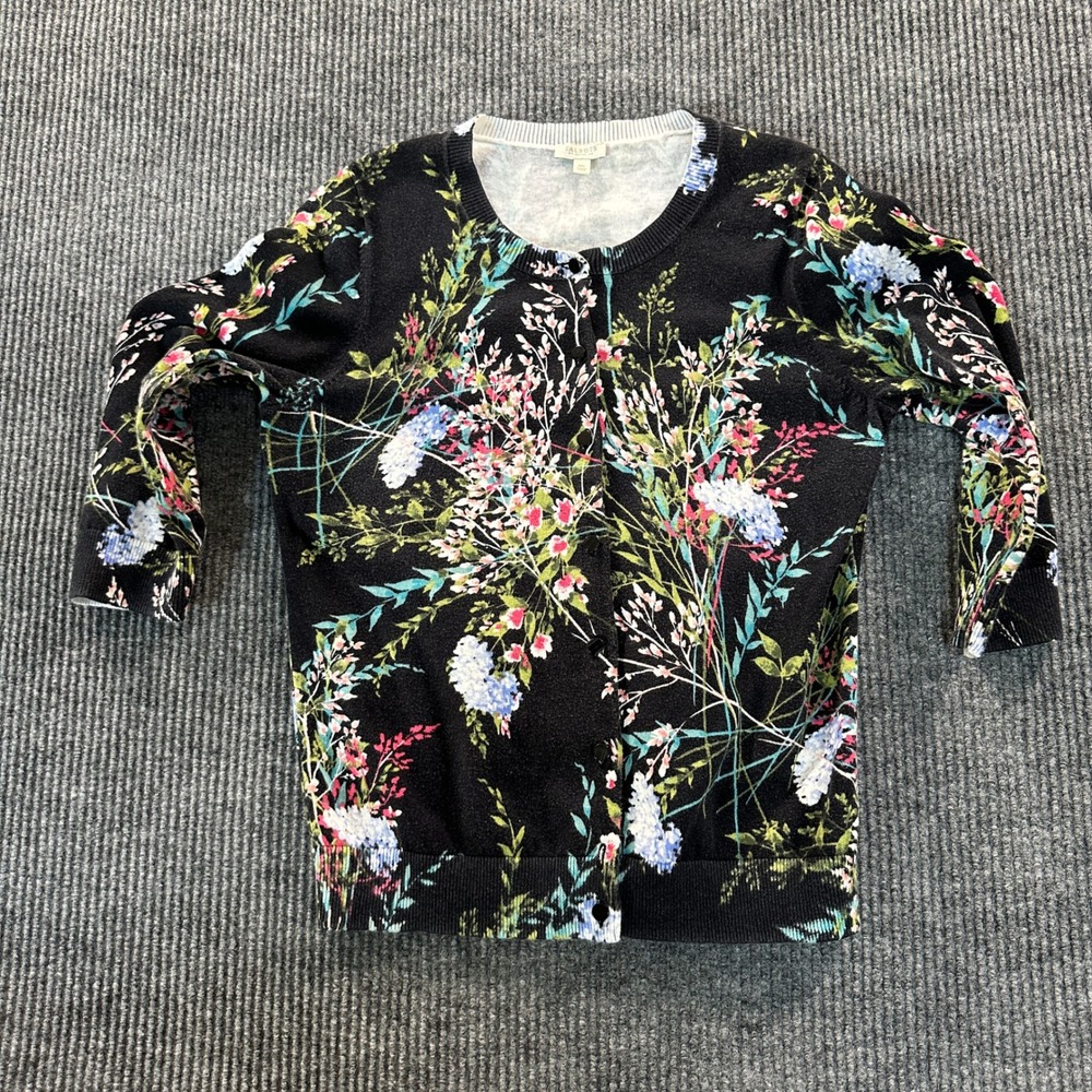 Talbots Cardigan Sweater MP Petites Black Floral Botanical 3/4 Sleeve Button Up